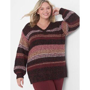 Lane Bryant Sweater Womens 14/16 Burgundy Striped Knit Heavy Pullover V‎ Neck